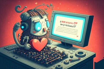 cute little robot holding a red heart sitting in front of a computer on valentines day, generative ai