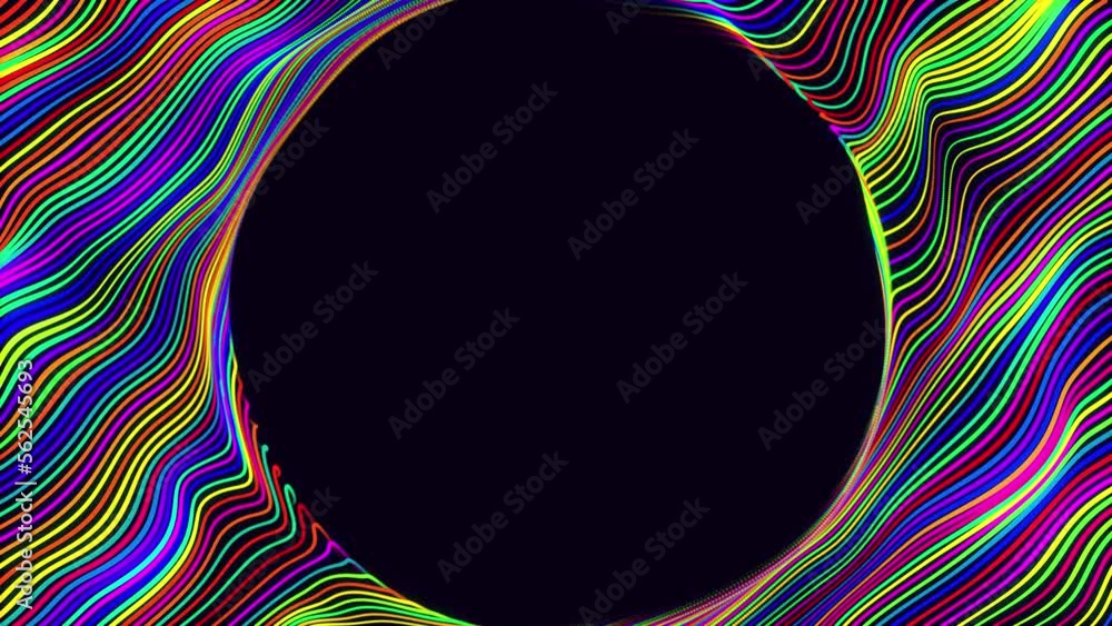 Poster particles form lines, plane with waves. abstract waves run along flat surface. round copy space for 