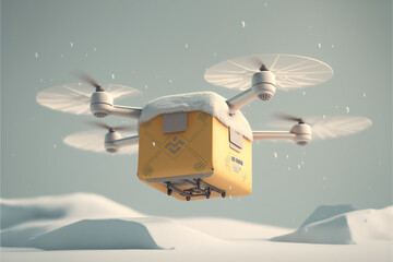 A drone delivering a package in snow, generative ai