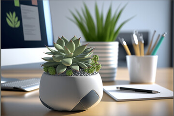 Plants on a office desk, generative ai