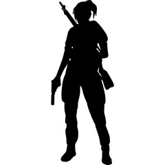 Black and white silhouette of a woman soldier with a weapon. A special forces soldier aims and shoots a rifle or a machine gun at the enemy	
