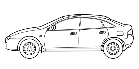 Classic sport hatchback car. 08s and 90s style. Side  view. Street racing style car. Outline doodle vector illustration for your design - coloring book or print.