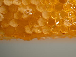 Honey drips from honeycombs. Honeycombs on a gray background.