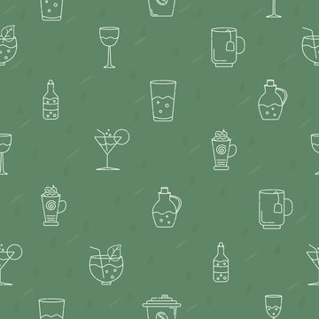 Different types of drinks, vector green seamless pattern
