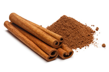 Cinnamon sticks and powder, isolated on white background