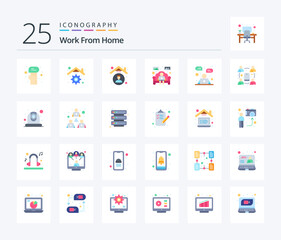 Work From Home 25 Flat Color icon pack including home work. work from home. home. sofa. employee