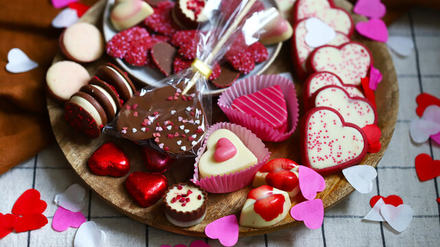 Sweets hearts chocolate and marzipan for valentine's day. Gifts for lovers.