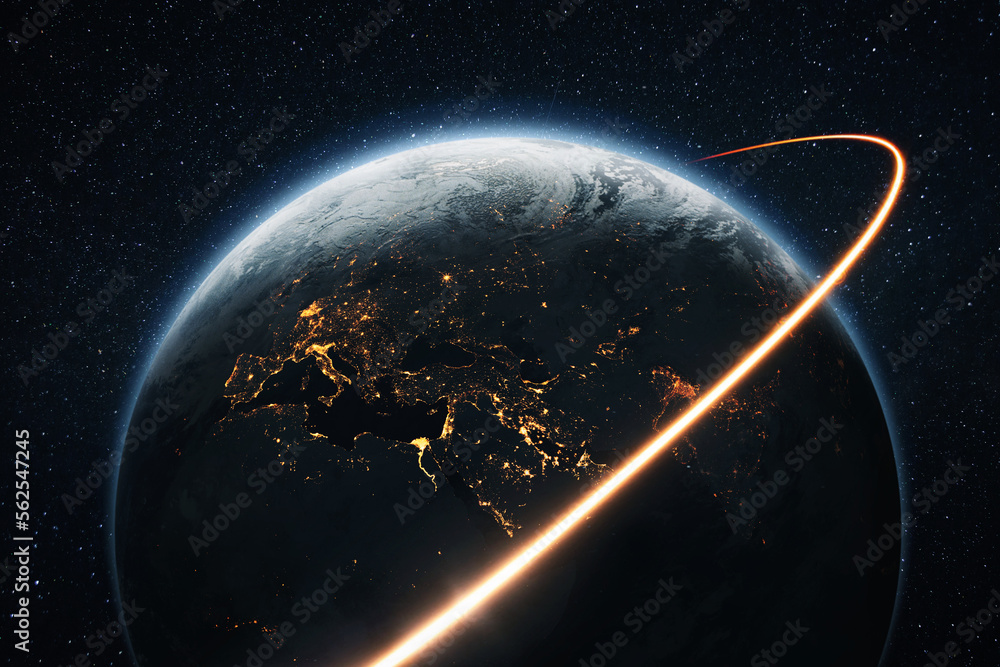Wall mural space shuttle rocket flies with blasts and a light line around the night planet earth with lights ci