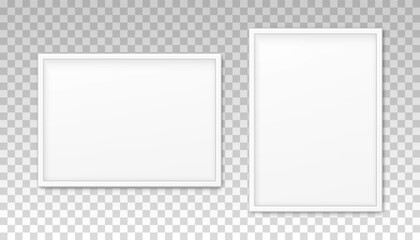 Mockup white frame photo on wall. Mock up picture framed. Horizontal boarder with shadow. Empty photoframe isolated on transparent background. Design border print poster, painting. Vector illustration