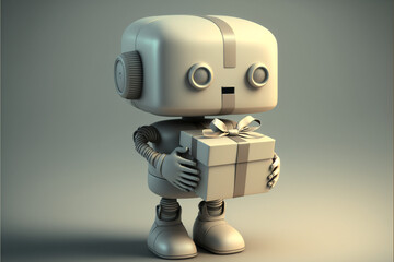 A grey robot holding a present, generative ai