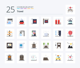 Travel 25 Flat Color icon pack including location. regular. hotel sign. gondola. travel