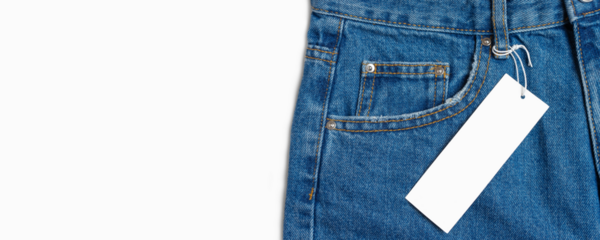 Front pocket and price tag of blue jeans pants isolated on transparent background, PNG, mockup, banner. Fashion, business, shopping, sale. Design detail, button and seams, clothing tag, copy space