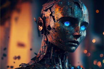 Futuristic AI Android in cinematic lighting, photoreal, realism, porcelan skin created with generative ai technology