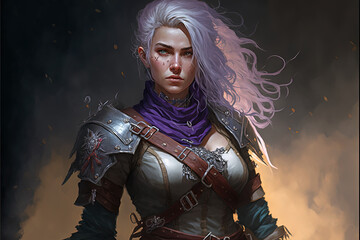 Female warrior with silver hair. Role-playing game illustration. Generative AI. - obrazy, fototapety, plakaty