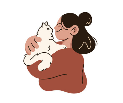 illustration of a smilling girl with a grumpy white cat