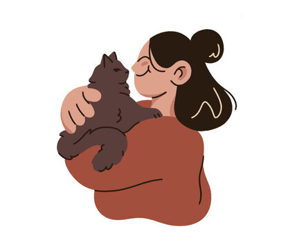 illustration of a happy girl with a fussy black cat