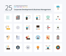 Corporate Development And Business Management 25 Flat Color icon pack including room. event. about. business. personal