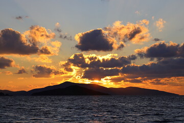 sunset on the beach. Seaside town of Turgutreis and spectacular sunsets. Selective Focus.	
