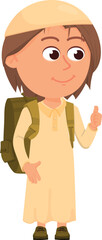 Saudi boy with backpack. Islamic school kid character