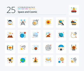 Space 25 Flat Color icon pack including space. research. meteorite. planet. planet