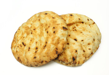 Two flatbread balkan style lepinas isolated on white background. Rustic soft food