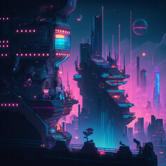 Cyberpunk Metropolis with Blue and Pink Neon lights. Night scene with complex and advanced superstructures.
