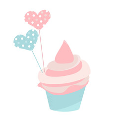 Cream cake in a basket with topers in pastel colors. Topers in the form of hearts