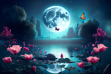 Fantasy magical enchanted fabulous fairy tale landscape with forest lake blooming pink rose flower garden, two butterflies on a mysterious blue background, and glowing moon rays in the night