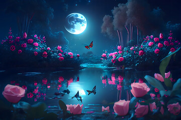 Obraz na płótnie Canvas Fantasy magical enchanted fabulous fairy tale landscape with forest lake blooming pink rose flower garden, two butterflies on a mysterious blue background, and glowing moon rays in the night