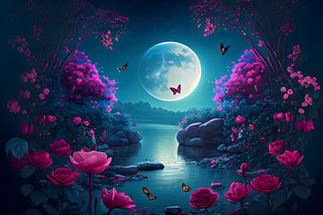 Fantasy magical enchanted fabulous fairy tale landscape with forest lake blooming pink rose flower garden, two butterflies on a mysterious blue background, and glowing moon rays in the night