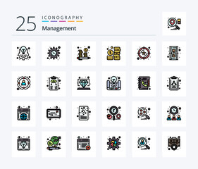 Management 25 Line Filled icon pack including hourglass. value. budget. star. rating