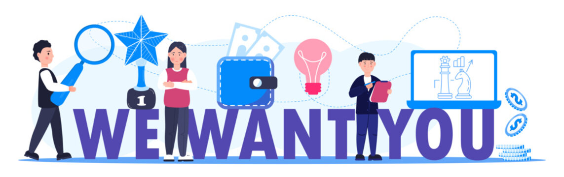 Welcome concept flat vector foe website. Happy tiny people are near huge text. Cartoon office teamwork and are greeting clients in online office - Powered by Adobe