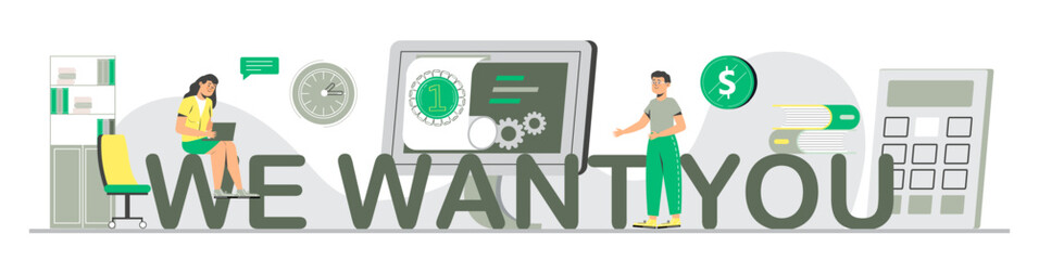 Welcome concept flat vector foe website. Happy tiny people are near huge text. Cartoon office teamwork and are greeting clients in online office
