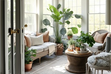 Bright and airy sunroom with wicker furniture and indoor plants generative ai