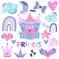 Set of cute stickers with hearts, crown, star, other elements for princess girl, Girlish elements in bright colors isolated on white background. Fashion patch in cartoon style.
