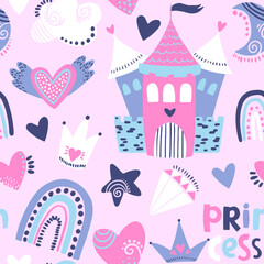 Cute Seamless Pattern for Princess girl with hearts, crown and other elements for girl on pink Background