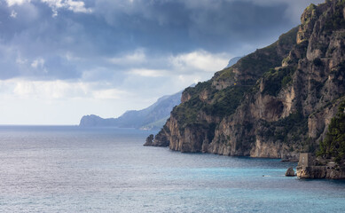 Rocky Cliffs and Mountain Landscape by the Tyrrhenian Sea. Amalfi Coast, Italy. Nature Background.