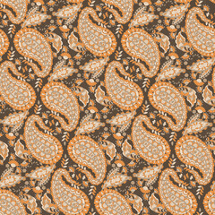 Paisley seamless vector pattern with flowers in indian style.