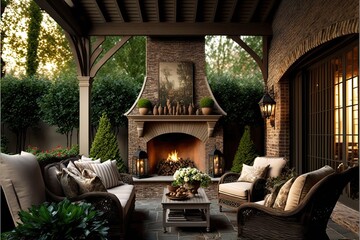 Inviting and comfortable outdoor living space with a fireplace and seating area generative ai