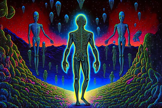 Silhouette of a four-dimensional character in the world of LSD. Ego trip or journey on lsd. Ai generative. Digital painting concept art.