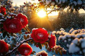Fototapeta na wymiar Many tall red camellias covered with transparent snow, snow in chinese fairy tales, camellias outdoor romantic generative ai