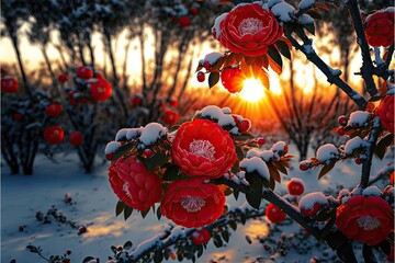 Naklejka premium Many tall red camellias covered with transparent snow, snow in chinese fairy tales, camellias outdoor romantic generative ai