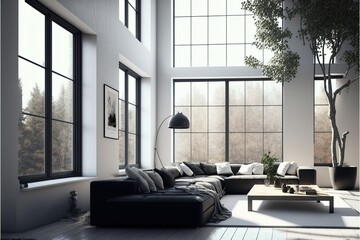 Modern minimalist living room with large windows and natural light generative ai