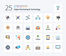 Digital Marketing And Technology 25 Flat Color icon pack including knowledge. marketing. advertising. user engagement. engagement