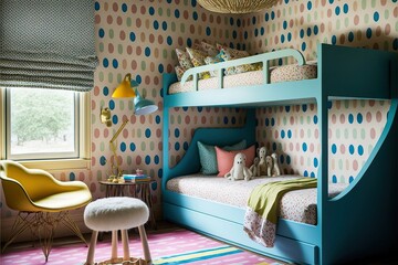 Playful and colorful kids' bedroom with bunk beds and patterned wallpaper generative ai