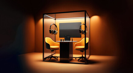two chairs and microphones in podcast or interview room isolated on dark background as a wide banner for media conversations or podcast streamers concepts