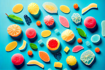 Fototapeta na wymiar assorted jelly gum fruit candy on blue background top view. Generative AI.