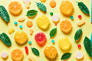 assorted jelly gum fruit candy on yellow background top view. Generative AI.