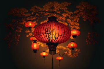 Obraz premium ﻿A group of red lanterns - Generative AI