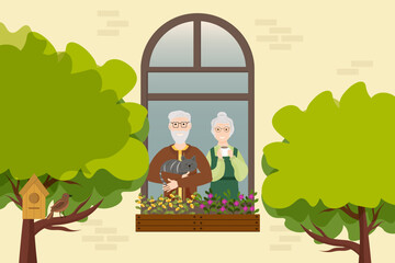 Two old people are standing at the window. Happy couple grandparents look outside. Facade of a house with open windows. Neighborhood concept. Colored vector illustration on a white background.